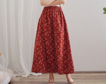 Printed Floral Summer Cotton Skirts A-line Pleated Elastic Waist Skirt Flared Casual Loose Maxi Skirts Customized Plus Size Skirt Boho Linen