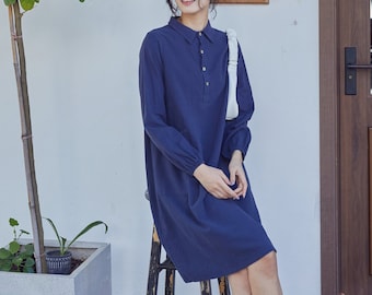 New Spring Cotton Dress Long Sleeve Shirt Dresses Buttons Tunics Loose Dress Knee Blouse Customized Dress Plus Size Clothing Linen Dress