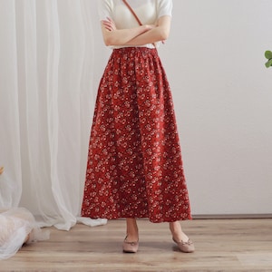 Printed Floral Summer Cotton Skirts A-line Pleated Elastic Waist Skirt Flared Casual Loose Maxi Skirts Customized Plus Size Skirt Boho Linen