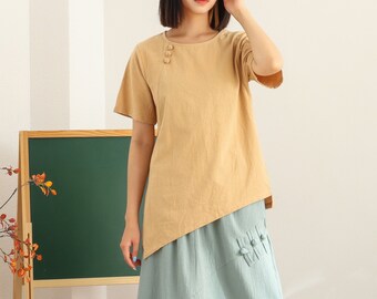 Women's Summer Cotton Tops Short Sleeves Blouse Irregular Shirt Casual Loose Kimono Customized Shirt Top Plus Size Clothes Linen