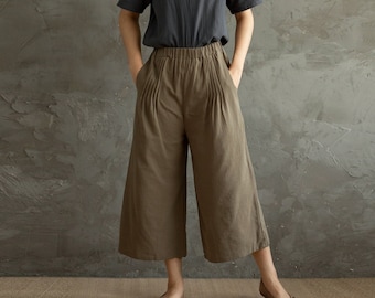 Sommer-Hosen-elastische Taille-Baumwoll-Hosen-weiche beiläufige lose abgeschnittene Hose Midi-Hose-breites Bein-Rock-Hose Angepasst plus Größe Leinen-Hose