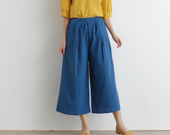 Summer Cropped Pant Elastic Waist Pant Cotton Pants Soft Casual Loose Trousers Wide Leg Skirt Pant Customized Plus Size Pants Linen Pant