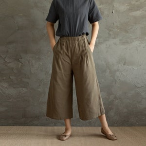 Summer Pants Elastic Waist Cotton Pants Soft Casual Loose Cropped Pant Midi Trousers Wide Leg Skirt Pant Customized Plus Size Linen Pant image 1