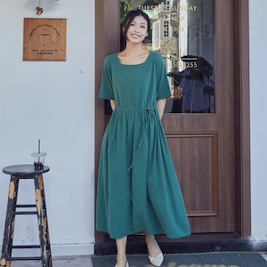 Summer Cotton Dress Casual Loose Tunics Short Sleeves Dress Robes Midi Dresses Customized Dress Plus Size Clothing Linen Dress
