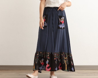 Printed Summer Cotton Skirts A-line Pleated Elastic Waist Skirt Flared Casual Loose Maxi Skirts Customized Plus Size Skirt Boho Linen