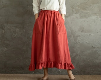 Summer Cotton Skirts A-line Pleated High-Low Hem Elastic Waist Skirt Flared Casual Loose Maxi Skirts Customized Plus Size Skirt Boho Linen