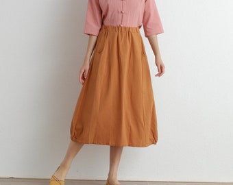 Summer Cotton Skirt Casual Loose Skirts A-line Pleated Elastic Waist Skirt Flared Midi Skirts Customized Plus Size Skirt Boho Linen Skirt