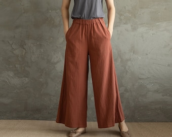 Summer Women Elastic Waist Cotton Pants Soft Casual Loose Boho Trousers Wide Leg Pant Customized Plus Size Pants Linen Spring Pant