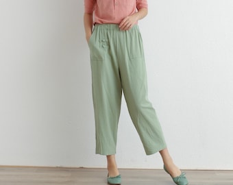 Summer Pant Women Cropped Elastic Waist Cotton Pants Soft Casual Loose Boho Trousers Wide Leg Pant Customized Plus Size Pants Linen Pant