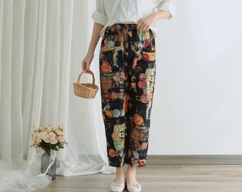 Floral Sommer Hose Gedruckt Elastische Taille Baumwolle Hosen Weiche Beiläufige Lose Große Größe Hose Breite Bein Hose Angepasst Plus Hose Leinen Hose