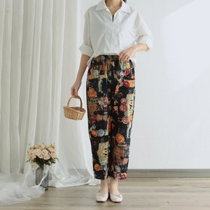 Floral Summer Pant Printed Elastic Waist Cotton Pants Soft Casual Loose Large Size Trousers Wide Leg Pant Customized Plus Pants Linen Pant