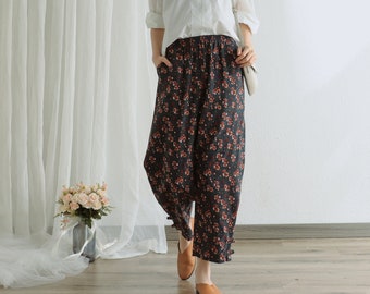 Floral Sommer Hose Gedruckt Elastische Taille Baumwolle Hosen Weiche Beiläufige Lose Große Größe Hose Breite Bein Hose Angepasst Plus Hose Leinen Hose