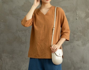 Women's Summer Cotton Tops Half Sleeves Blouse Casual Loose Kimono Customized Shirt Top Hand Made Plus Size Clothes Linen