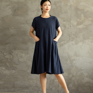 Summer Cotton Dress Shirt Casual Loose Dress Tunics Short Sleeves Robes Knee Dresses Customized Dress Plus Size Clothing Linen image 1