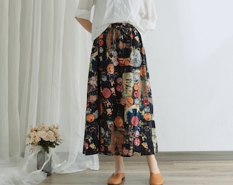 Printed Floral Summer Cotton Skirts A-line Pleated Elastic Waist Skirt Flared Casual Loose Maxi Skirts Customized Plus Size Skirt Boho Linen