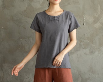 Women's Summer Cotton Tops Short Sleeves Blouse Casual Loose Kimono Customized Shirt Top Hand Made Plus Size Clothes Linen