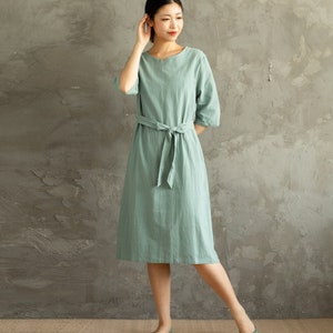 Summer Cotton Dress Shirt Casual Loose Dress Tunics Half Sleeves Robes Knee Dresses Customized Dress Plus Size Clothing Linen