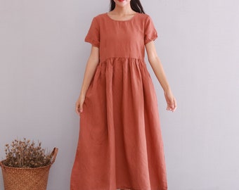Summer Cotton Dress Soft Casual Loose Dress Tunics Short Sleeves Robes Midi Dresses Customized Dress Plus Size Clothing Linen
