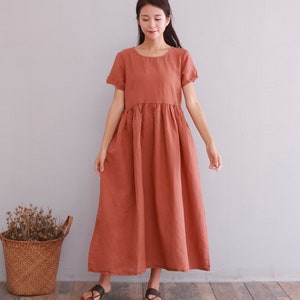 Summer Cotton Dress Soft Casual Loose Dress Tunics Short Sleeves Robes Midi Dresses Customized Dress Plus Size Clothing Linen