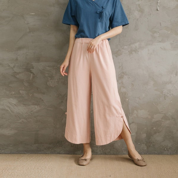 Summer Elastic Waist Cotton Pants Soft Casual Loose Cropped Pant Midi Trousers Wide Leg Skirt Pant Customized Plus Size Pants Linen