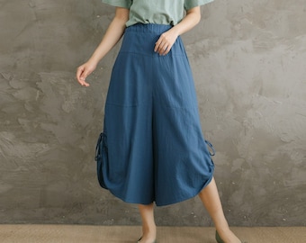 Summer Elastic Waist Cotton Pants Soft Casual Loose Cropped Pant Midi Trousers Wide Leg Skirt Pant Customized Plus Size Pants Linen