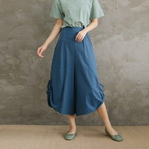 Summer Elastic Waist Cotton Pants Soft Casual Loose Cropped Pant Midi Trousers Wide Leg Skirt Pant Customized Plus Size Pants Linen image 1