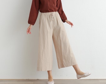 Summer Elastic Waist Cotton Pants Soft Casual Loose Cropped Pant Midi Trousers Wide Leg Skirt Pant Customized Plus Size Pants Linen