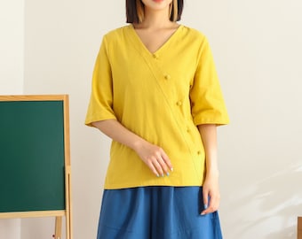 Women's Summer Cotton Tops Half Sleeves Blouse Irregular Shirts Casual Loose Kimono Customized Shirt Top Plus Size Clothes Linen