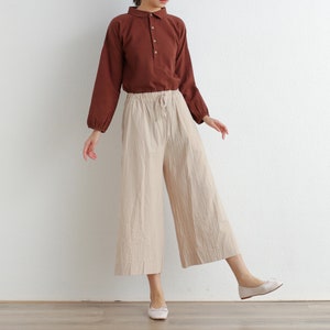 Summer Elastic Waist Cotton Pants Soft Casual Loose Cropped Pant Midi Trousers Wide Leg Skirt Pant Customized Plus Size Pants Linen image 1