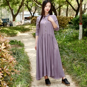 Women Cotton Dress Soft Casual Loose Robes Long Sleeves Shift Dress Boho Maxi Dresses Customized Dress Plus Size Clothing Linen