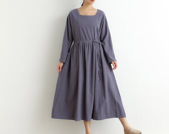 Women Long Sleeves Cotton Dress Soft Casual Loose Tunics Shirt A-line Robes Maxi Dresses Customized Dress Plus Size Clothing Linen