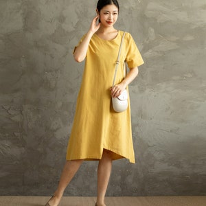 Summer Cotton Dress Casual Loose Tunics Short Sleeves V-neck Shirt Robes Midi Dresses Customized Dress Plus Size Clothes Linen Dress