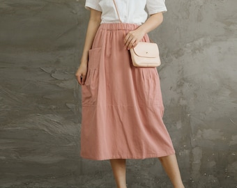 Casual Loose Summer Cotton Skirts A-line Pleated Elastic Waist Skirt Flared Midi Skirts Customized Plus Size Skirt Boho Linen