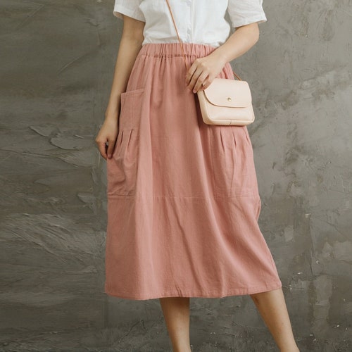 Summer Cotton Skirt Casual Loose Skirts Aline Pleated Elastic Etsy