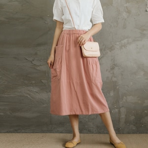 Casual Loose Summer Cotton Skirts A-line Pleated Elastic Waist Skirt Flared Midi Skirts Customized Plus Size Skirt Boho Linen