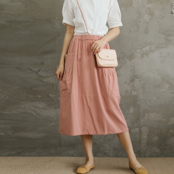 Casual Loose Summer Cotton Skirts A-line Pleated Elastic Waist Skirt Flared Midi Skirts Customized Plus Size Skirt Boho Linen
