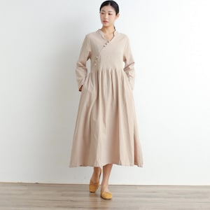 Women Long Sleeves Cotton Dress Soft Casual Loose Tunics Shirt V-neck Midi Dresses Customized Robes Dress Plus Size Clothing Linen