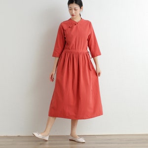 Summer Cotton Dress Shirt Casual Loose Dress Tunics 3/4 Sleeves Robes Midi Dresses Customized Dress Plus Size Clothing Linen Dress