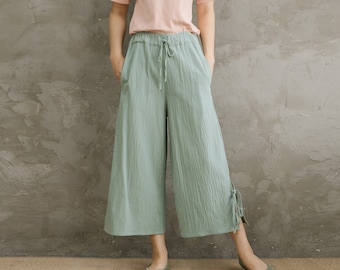 Summer Cropped Elastic Waist Cotton Pants Soft Casual Loose Pant Midi Trousers Wide Leg Skirt Pant Customize Plus Size Pants Linen Pant
