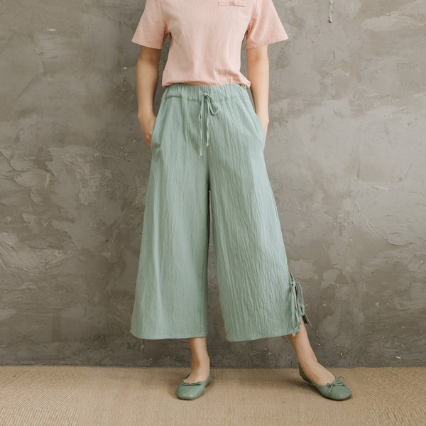 Summer Cropped Elastic Waist Cotton Pants Soft Casual Loose Pant Midi Trousers Wide Leg Skirt Pant Customize Plus Size Pants Linen Pant