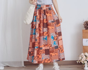 Printed Summer Cotton Skirts A-line Pleated Elastic Waist Skirt Flared Casual Loose Maxi Skirts Customized Plus Size Skirt Boho Linen
