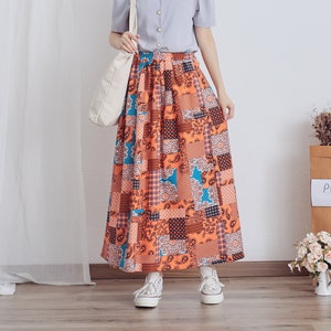 Faldas estampadas de algodón de verano, falda plisada con cintura elástica, faldas largas holgadas informales acampanadas, falda personalizada de talla grande, lino bohemio