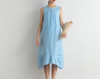 Summer Cotton Dress Casual Loose Tunics Sundress Sleeveless Shirt Robes Midi Dresses Customized Dress Plus Size Clothes Linen