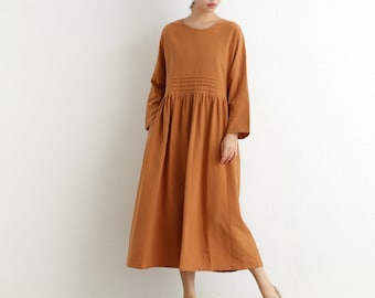 Women Dress Long Sleeves Dress Cotton Dress Soft Casual Loose Tunics Robes Midi Dresses Customized Dress Plus Size Clothing Linen Dress