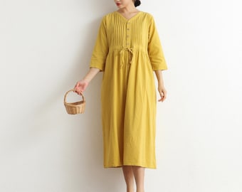 Summer Dress Cotton Dress Shirt Casual Loose Dress Tunics 3/4 Sleeves Robes Knee Dresses Customized Dress Plus Size Clothing Linen Dress