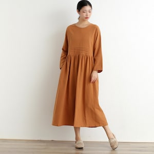 Women Dress Long Sleeves Dress Cotton Dress Soft Casual Loose Tunics Robes Midi Dresses Customized Dress Plus Size Clothing Linen Dress image 1