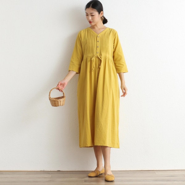 Summer Dress Cotton Dress Shirt Casual Loose Dress Tunics 3/4 Sleeves Robes Knee Dresses Customized Dress Plus Size Clothing Linen Dress