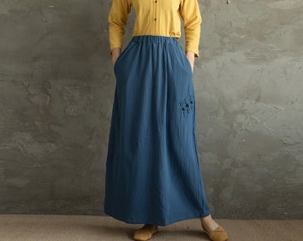 Summer Cotton Skirts A-line Pleated Elastic Waist Skirt Flared Casual Loose Maxi Skirts Customized Plus Size Skirt Boho Linen