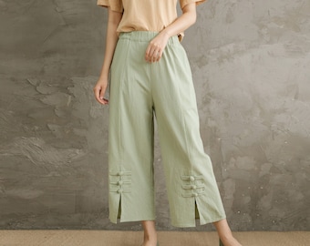 Sommer-elastische Taille Baumwollhose weiche beiläufige lose Hose Hose mit weitem Bein nach Übergröße Hosen Leinen Frühlingshose