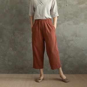Summer Elastic Waist Cotton Pants Soft Casual Loose Cropped Pant Midi Trousers Wide Leg Skirt Pant Customized Plus Size Pants Linen Pant image 1